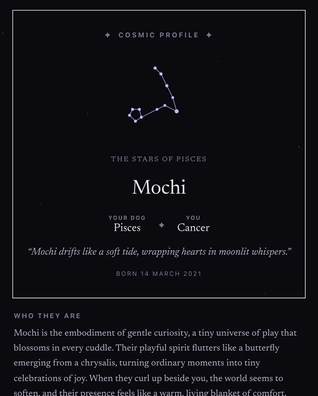 Cover page of a finished Furscopes reading for a sample dog named Mochi